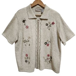 TanJay Sweater Womens Sz L Beige Knit Floral Embroidered Short Sleeve Full Zip